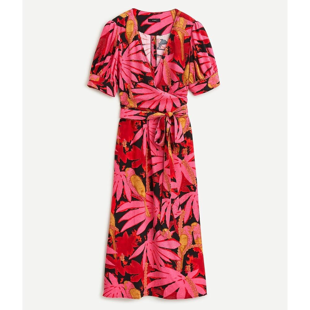 J.Crew Floral Wrap Midi Dress 8 Pink Red Tropical Tie Waist EcoVero Viscose NWT